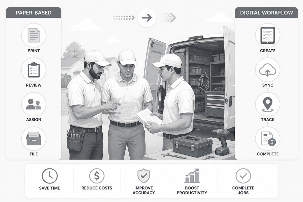 Crew members gathered around a service vehicle reviewing printed work orders and discussing task assignments, showing the transition from paper-based coordination to digital workflows, with natural daylight and tools visible