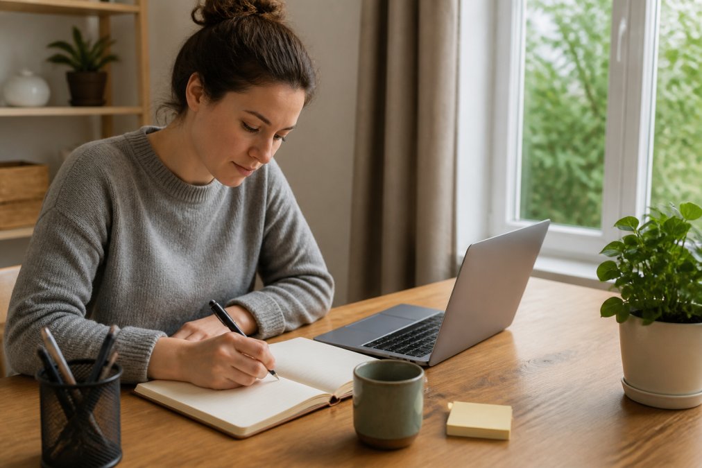 Person sitting at a wooden desk with a laptop and open notebook, working through a digital workbook with a calm, focused expression, natural window lighting in background