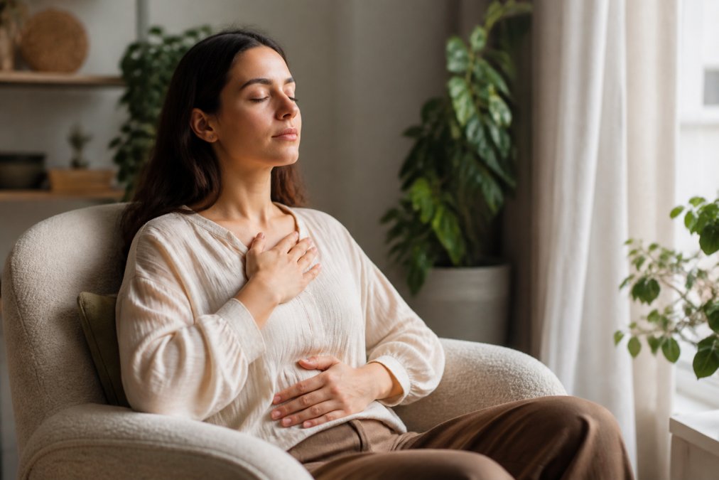 Person in a relaxed seated position on a comfortable chair practicing breathing exercises with hands placed on chest, in a quiet peaceful indoor setting with soft natural lighting