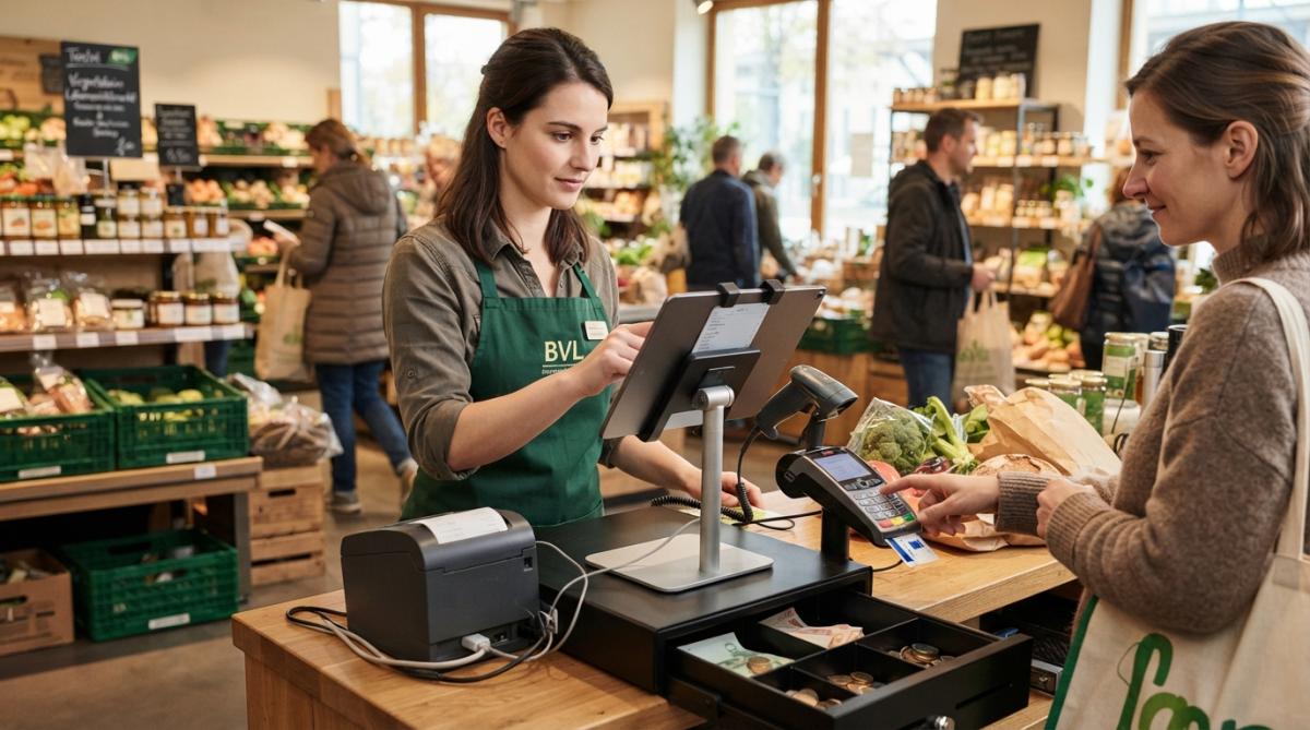 Kassiererin bedient ein modernes POS-Terminal mit Tablet im Einzelhandel, um digitale Kassensysteme Kosten Nutzen effizien...