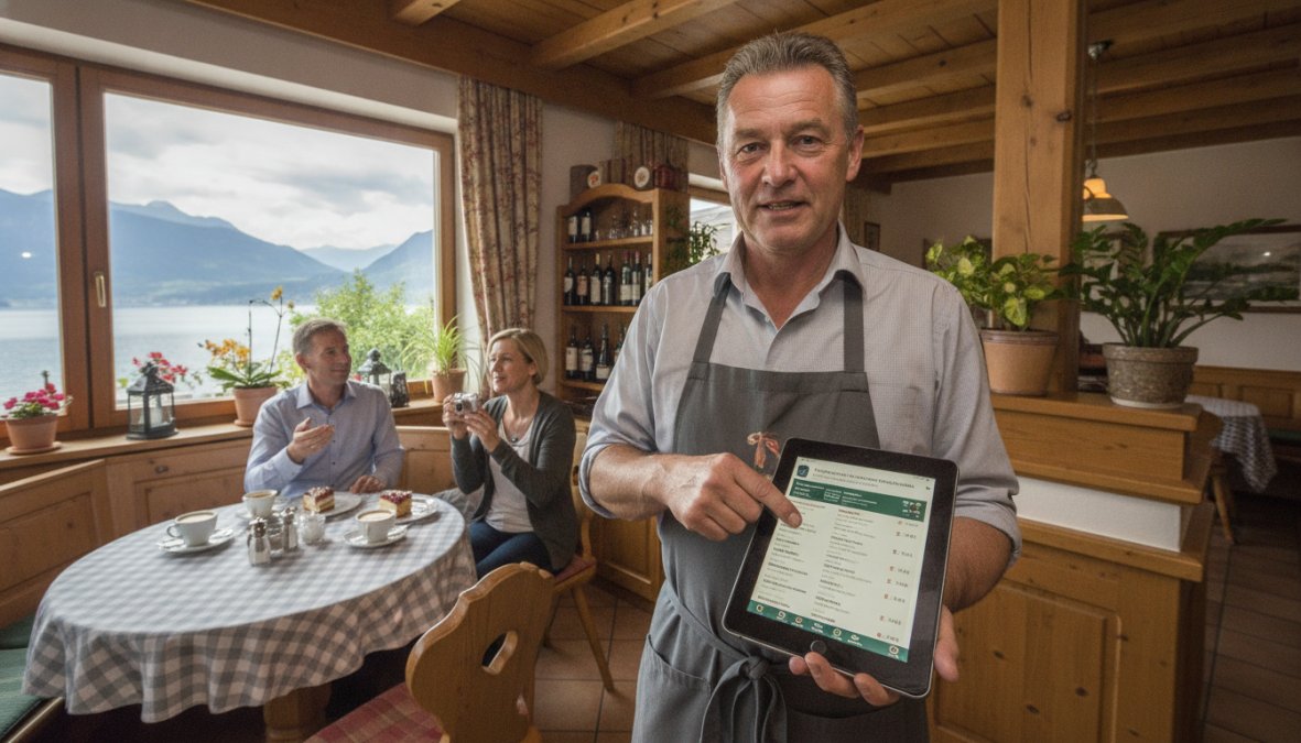 Gastwirt mit Tablet in seinem Restaurant in Schiefling am Wörthersee, zeigt digitale Speisekarte auf dem Bildschirm, im Hintergrund Gäste am Tisch mit Kaffee und Kuchen