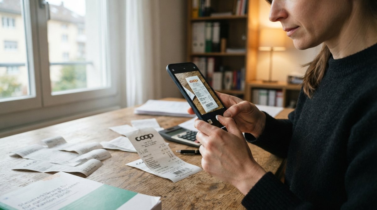 Nahaufnahme einer Hand, die ein Smartphone hält und ein Steuerbeleg fotografiert, mit weiteren Quittungen und Notizen auf einem hellen Schreibtisch im Hintergrund