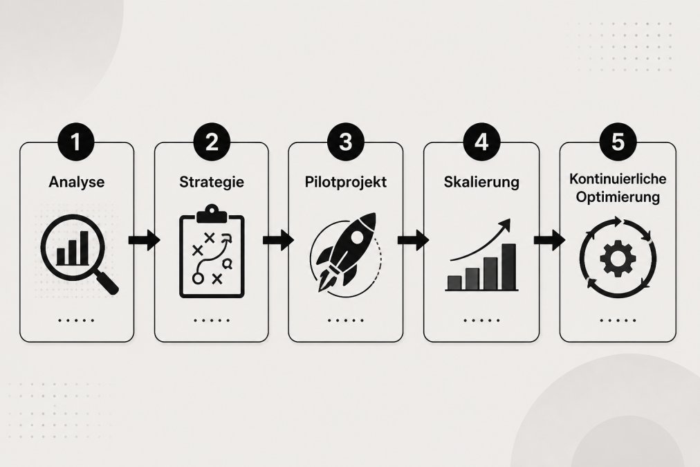 Schwarz-Weiß-Flowchart mit fünf Phasen: 1. Analyse, 2. Strategie, 3. Pilotprojekt, 4. Skalierung, 5. Kontinuierliche Optimierung
