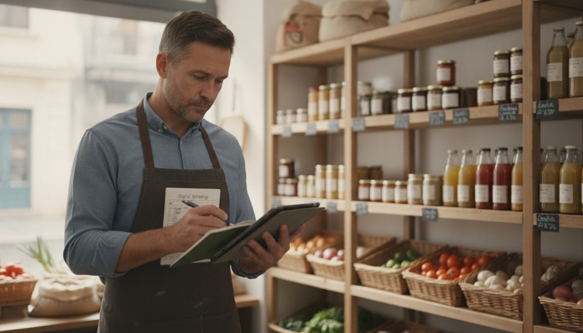 Lebensmittelhändler nutzt Tablet für die digitale Transformation im Lebensmittelhandel für Anfänger in seinem kleinen Biol...