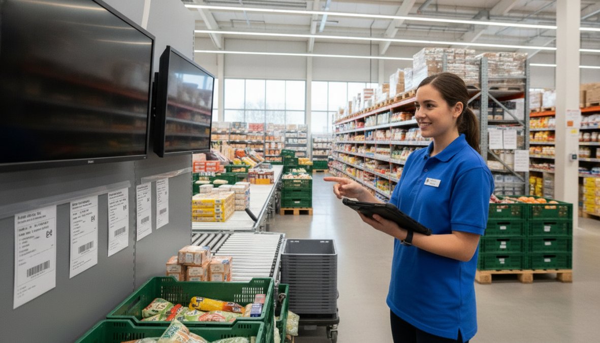 Supermarkt-Mitarbeiter nutzt ein Tablet zur Bestandsverwaltung als Teil der digitale Transformierung im Lebensmittelhandel.
