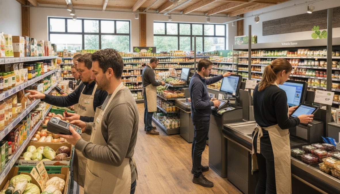 Mitarbeiter scannt Produkte mit MDE-Gerät an moderner Kasse als Praxisbeispiel für digitale Transformation im Lebensmittel...