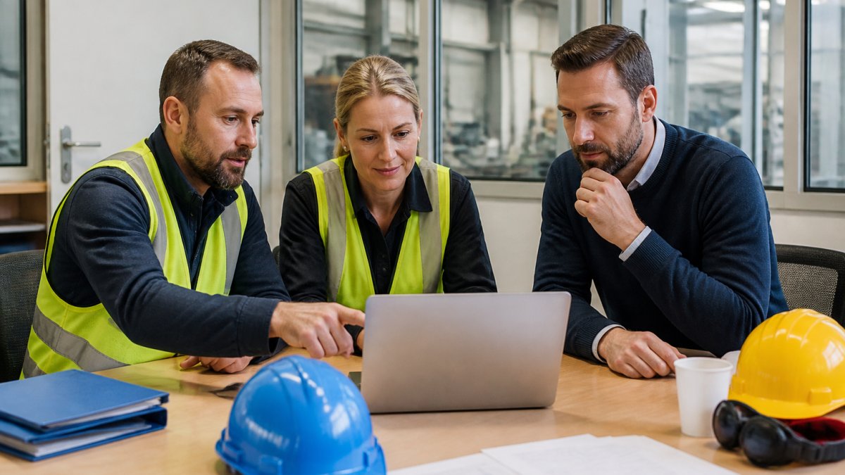 Zwei Fachkräfte für Arbeitssicherheit und ein Personalleiter prüfen gemeinsam am Laptop in einem hellen Besprechungsraum eines mittelständischen Produktionsbetriebs verschiedene Unterweisungsplattformen