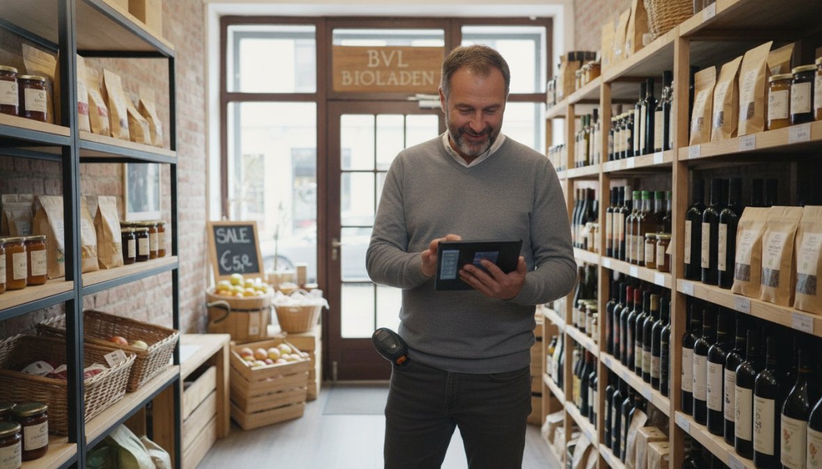 Ladeninhaber nutzt ein Tablet für die digitale Warenwirtschaft kleine läden, während er Regale mit Produkten kontrolliert.