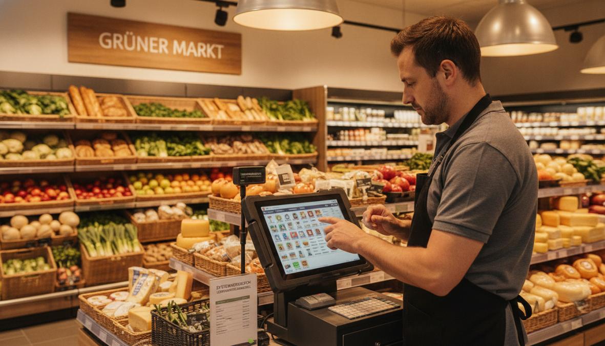 Lebensmittelhändler nutzt ein Tablet für digitale Warenwirtschaft für Lebensmittelhändler kaufen in einem modernen Markt.