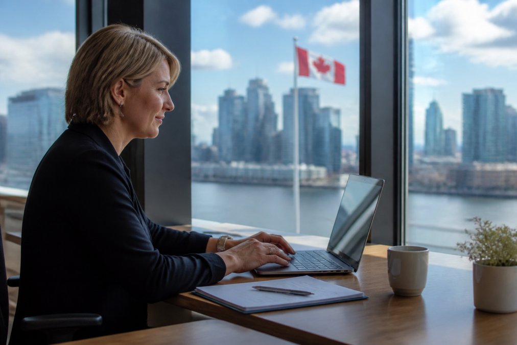 Une conseillère RH dans un bureau moderne au Canada examine un tableau de bord d'apprentissage alimenté par l'IA sur son ordinateur portable, lumière naturelle traversant les fenêtres
