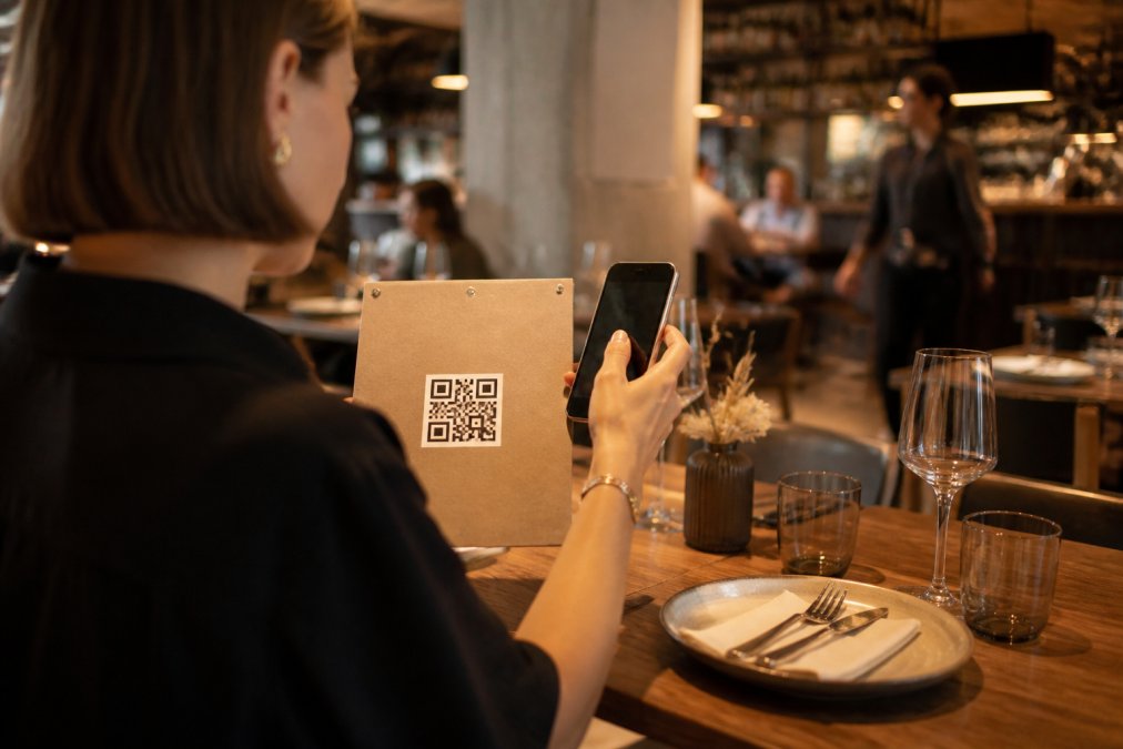 Comensal en una mesa de restaurante escaneando un código QR con el móvil mientras sostiene una carta física a un lado, luz cálida de sala, ambiente moderno