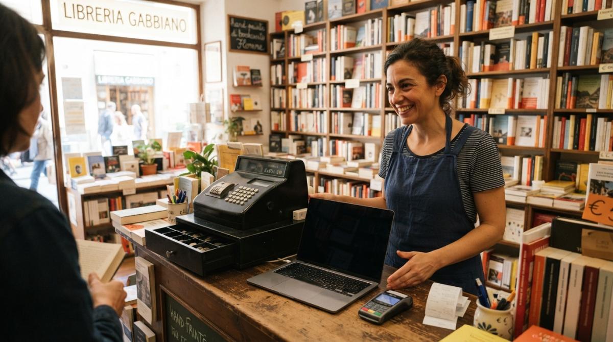 Una libraia alla cassa di una libreria indipendente luminosa, con un computer portatile aperto accanto al registratore di cassa e scaffali di libri sullo sfondo