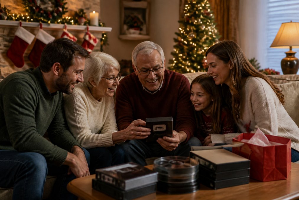 Family gathered around a TV watching home videos after deciding to digitise old tapes for a Christmas gift.