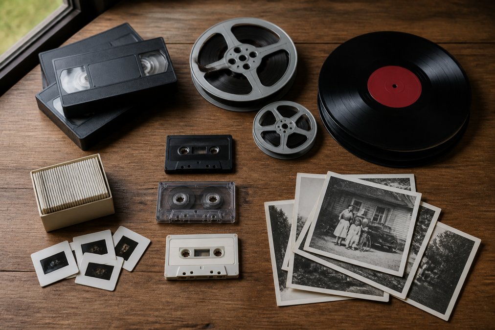 Flat lay of various legacy media formats arranged on a wooden surface including VHS tapes, film reels, vinyl records, cassette tapes, and old photo slides grouped by type, with natural window lighting