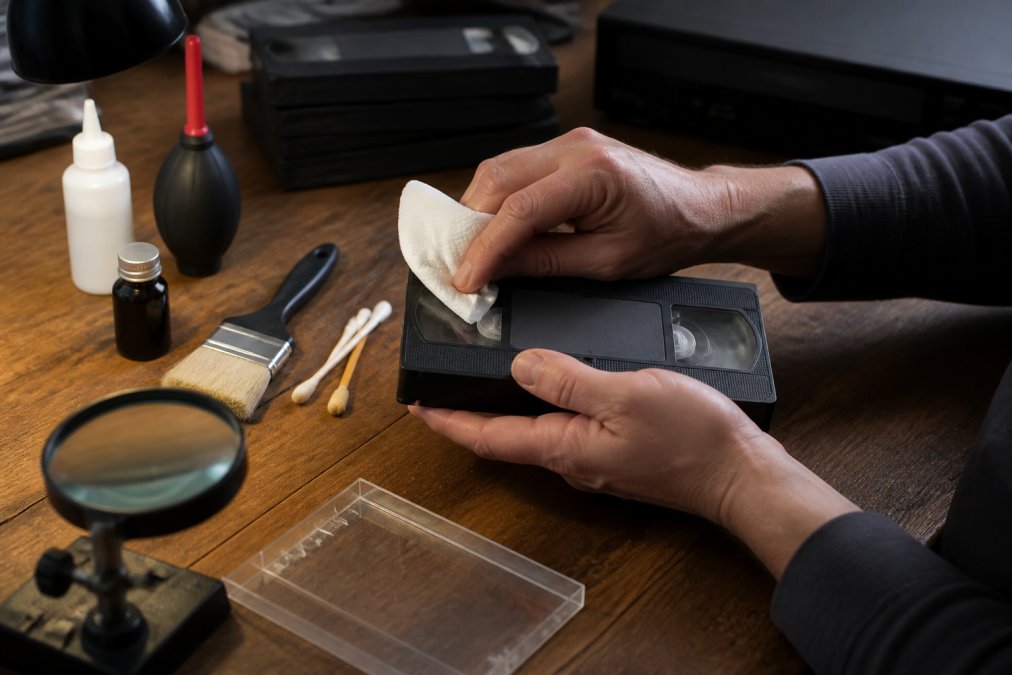Close-up of hands carefully cleaning a VHS tape with a soft cloth, with cleaning supplies and inspection tools visible on a wooden workbench under task lighting
