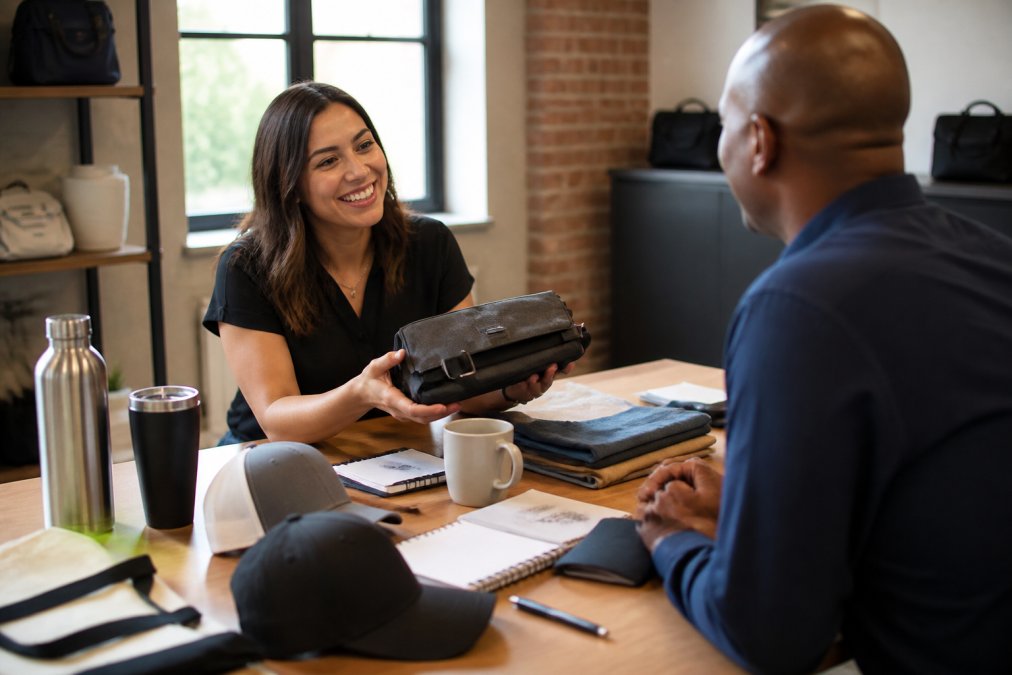 Professional customer service representative assisting a client in a modern office setting with branded merchandise samples visible on the desk, natural window lighting