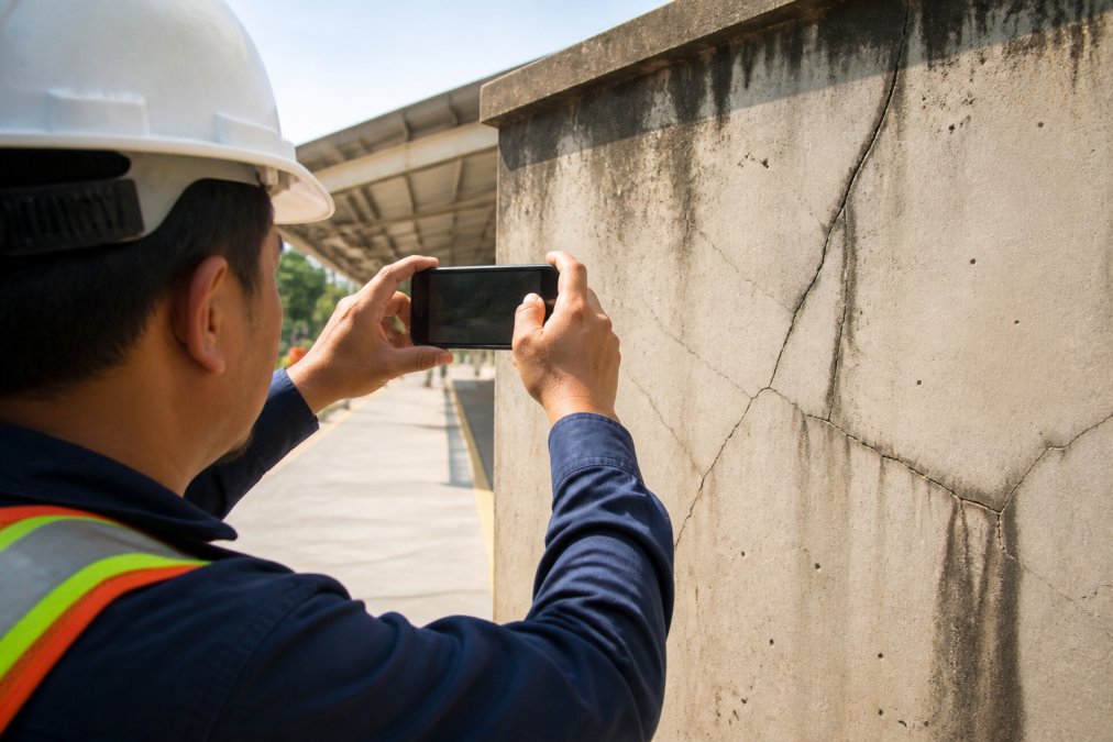 Field inspector on a construction site holding an Android smartphone, photographing a wall defect with visible cracks, geotagged location and timestamp displayed on screen in bright daylight