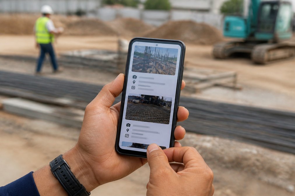 Close-up of hands holding an Android smartphone displaying geotagged photos with timestamps and typed notes visible, organized in a professional session-based layout with construction site background