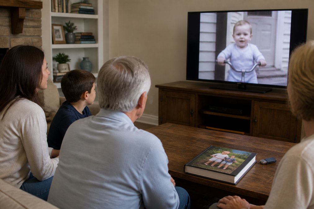 A family gathered in a warm living room watching a slideshow of old home movies on a television, with a USB drive and a printed photo book on the coffee table nearby