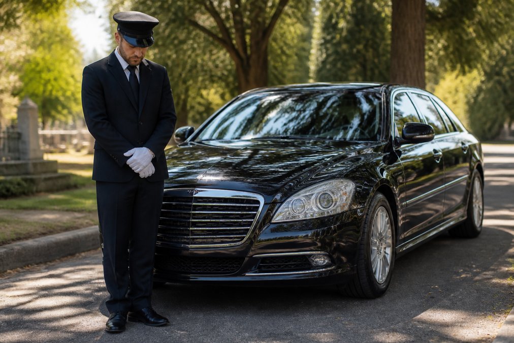 A uniformed chauffeur in a dark suit standing beside an immaculate black luxury sedan in a quiet tree-lined driveway, hands clasped in front, head slightly bowed in a respectful posture, soft natural morning light