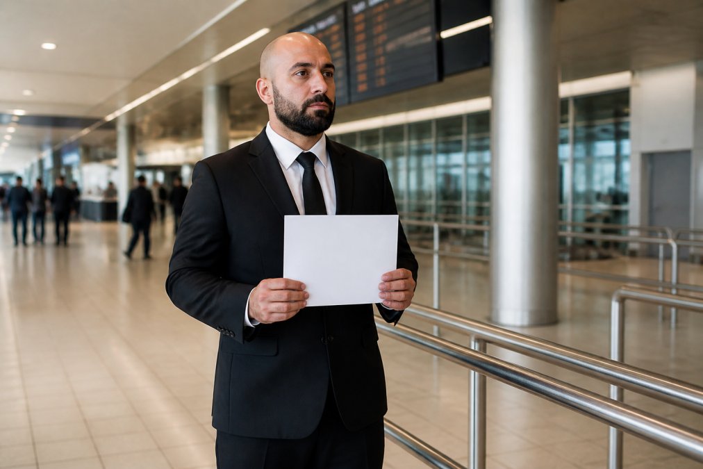A chauffeur in a dark suit holding a discreet printed name sign at an airport arrivals hall, standing calmly near the exit barrier with soft overhead lighting, composed expression conveying quiet professionalism