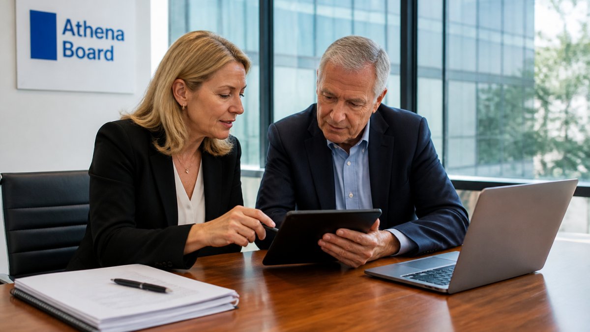 A company secretary and a board chair reviewing board papers on a tablet at a polished meeting table in a bright office, with a laptop open beside them