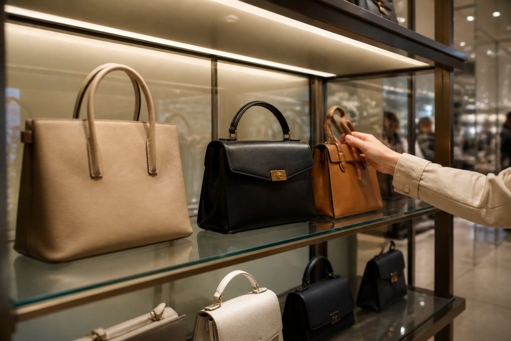 A well-lit retail display case inside a department store, showing several designer handbags arranged on glass shelves with soft overhead lighting and a shopper's hand reaching toward one bag