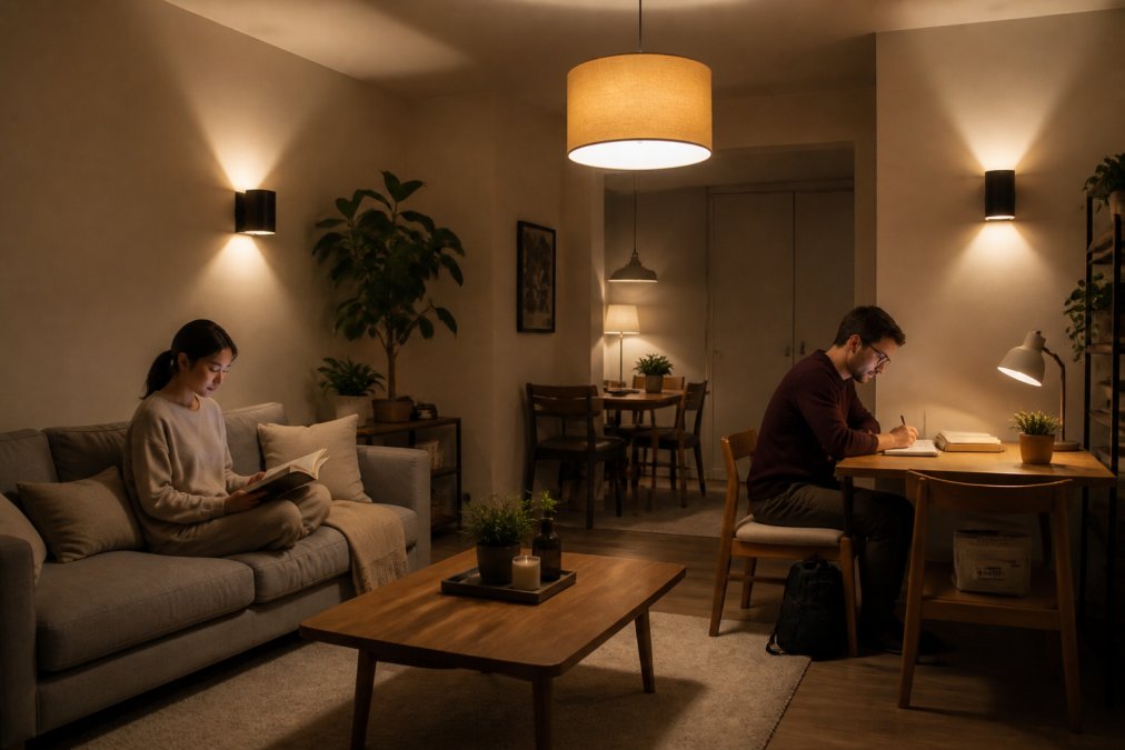 Modern shared living room with layered lighting: warm pendant light overhead, adjustable table lamp on side table, and wall sconces creating distinct zones, with two people reading and working in different brightness levels