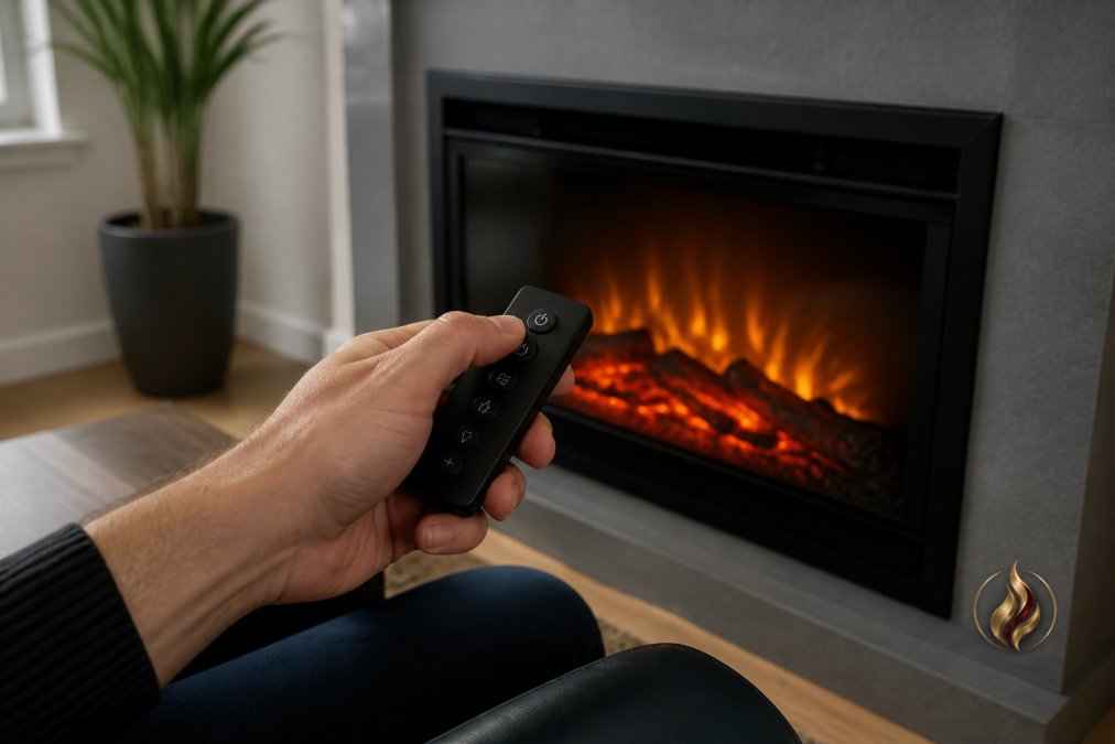 Close-up of a homeowner's hands holding an electric fireplace remote, pressing the power button while pointing it toward the fireplace's infrared sensor, with amber flames glowing softly in the background of a modern living room