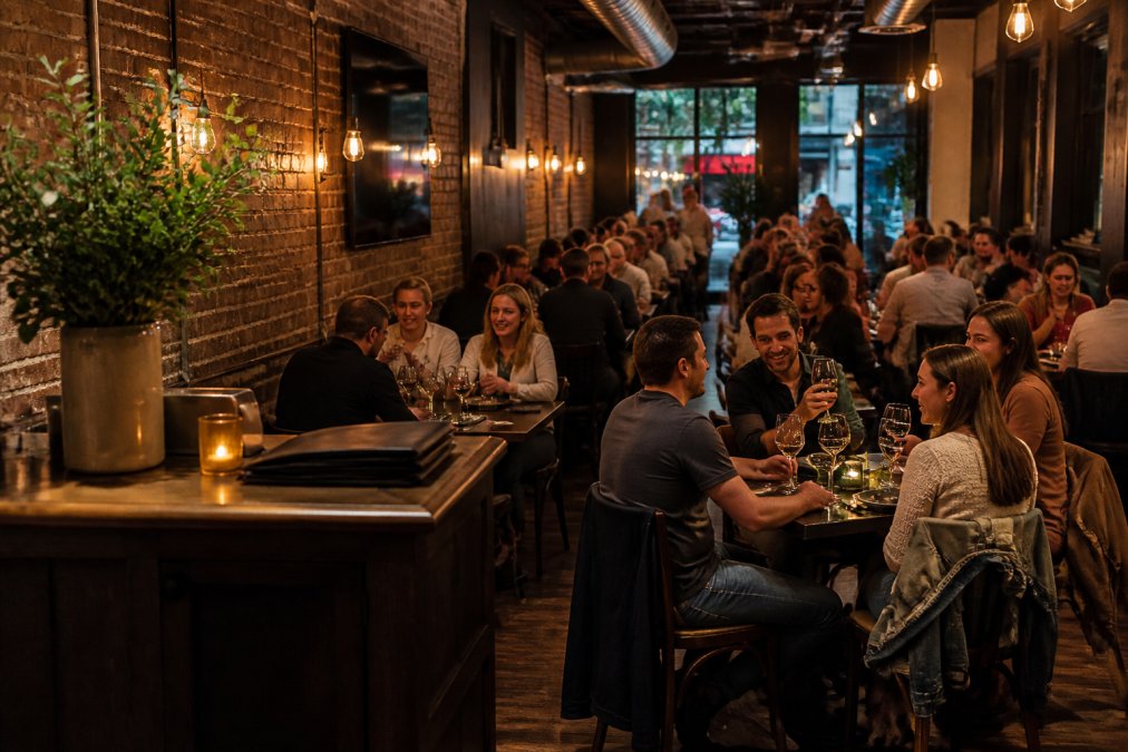 A lively restaurant dining room in New York City with exposed brick walls, warm Edison bulb lighting, and tables of diners laughing and sharing wine glasses, viewed from the host stand