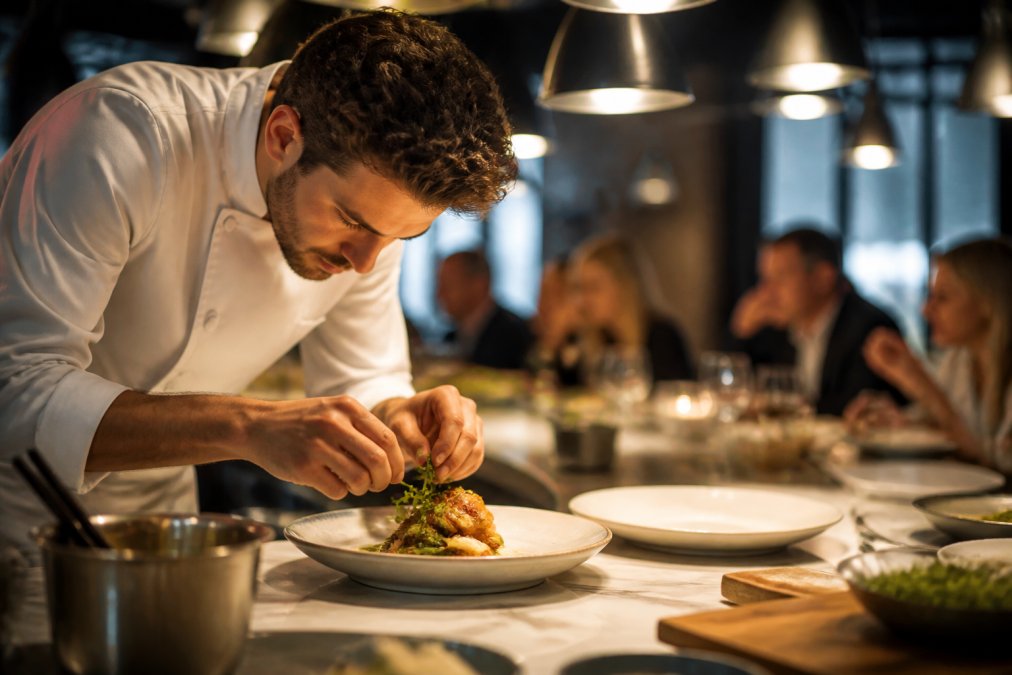 A chef in a white coat carefully plating an elegant dish at an open kitchen counter under bright overhead lighting, with diners visible in the soft-focus background at a fine dining restaurant