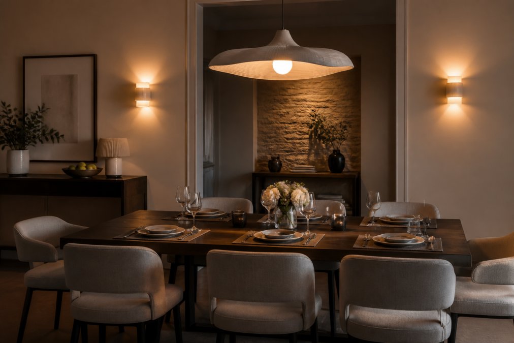 Modern dining room with a sculptural pendant light hanging above the table casting warm light, soft ambient wall sconces on either side, and a subtle accent light illuminating a feature wall in the background, creating layered warm illumination over a set dining table with place settings