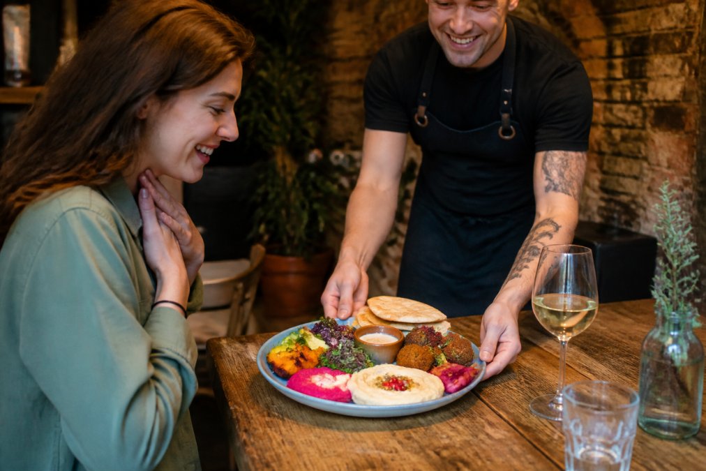 A cheerful diner being served a colourful vegan platter at a rustic wooden table in a cosy, independent bistro, with a friendly waiter smiling in the background