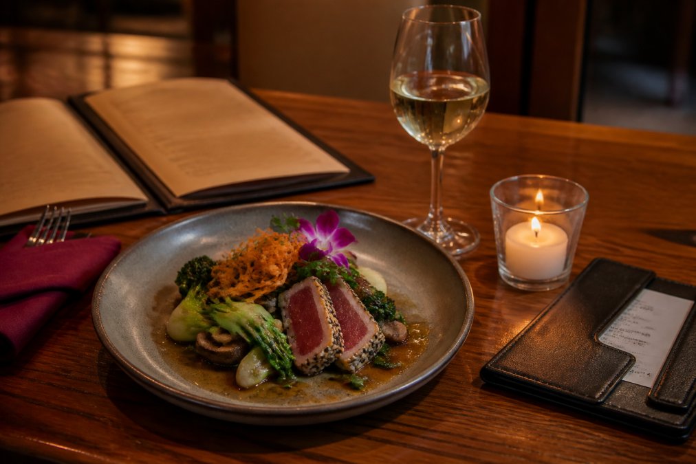 A warmly lit restaurant table in Carmel-by-the-Sea set with a plated Asian fusion dish, a glass of wine, and a small candle, with a menu and a check presenter nearby suggesting a relaxed dinner setting