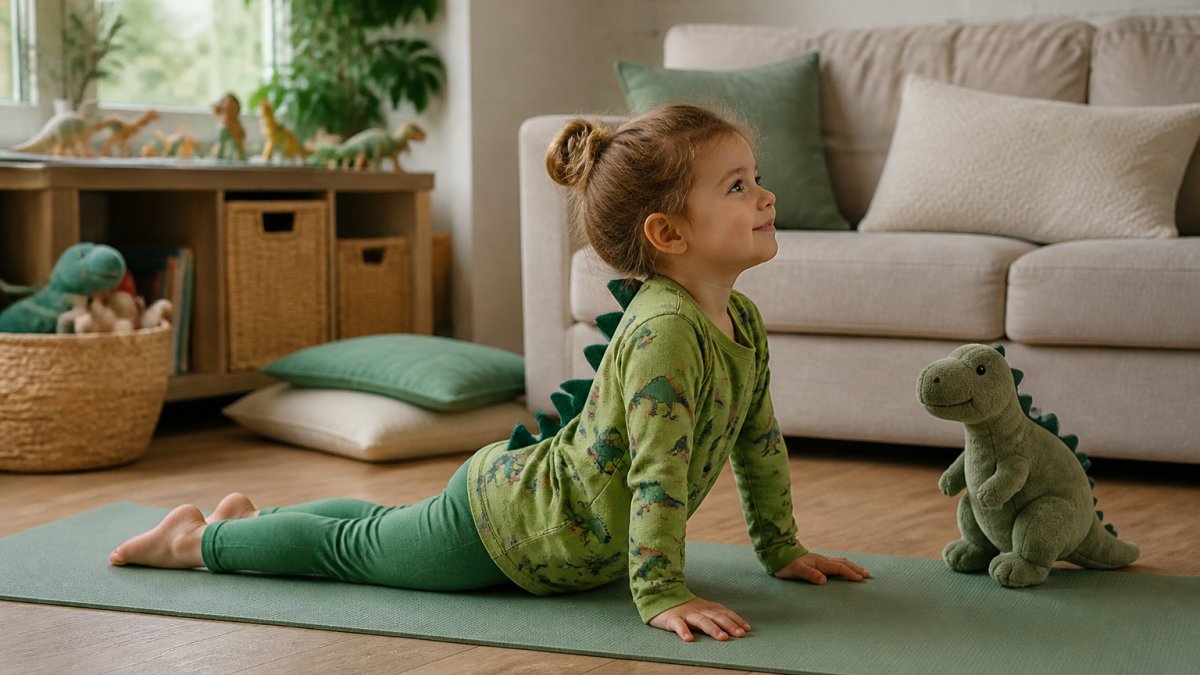 A young child practicing dinosaur mindfulness activities in a yoga pose on a soft mat in a calm living room.