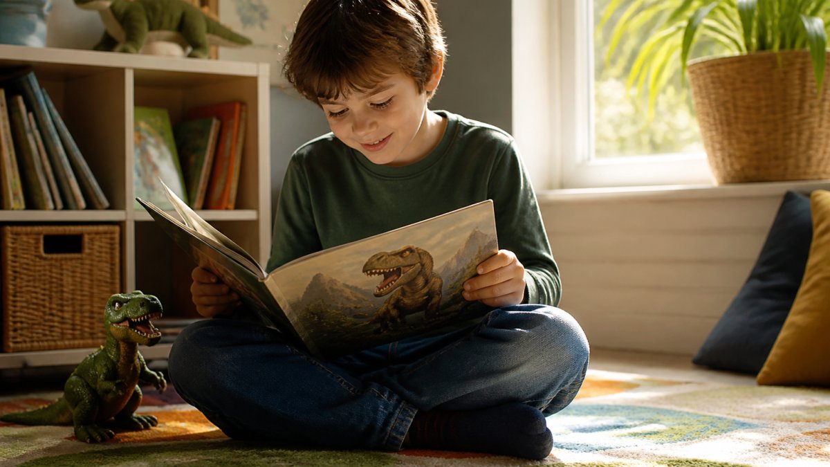 A young child aged 6-7 sitting cross-legged on a colourful rug, absorbed in reading a dinosaur storybook, with warm natural light from a nearby window and a cosy home setting visible in the background