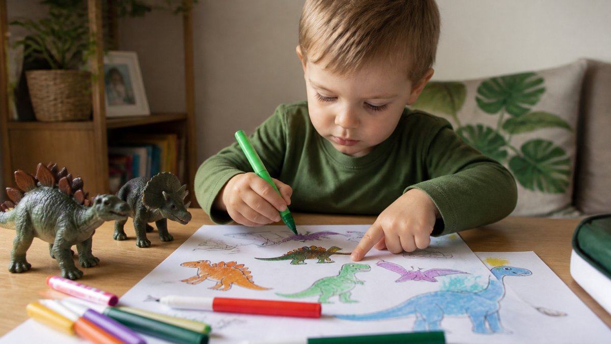 A young toddler sitting at a table engaged with colourful dinosaur-themed printable activities, colouring with markers and pointing at dinosaur illustrations with focus and concentration