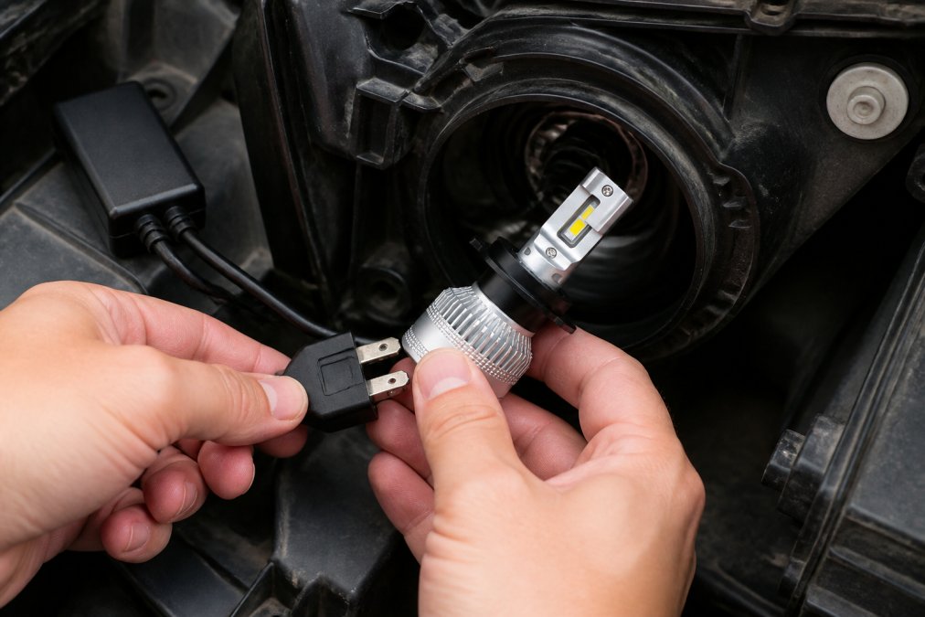 Close-up of hands carefully installing an LED bulb into a vehicle headlight housing, showing the wiring harness connection and aluminum heat sink visible, with natural workshop lighting
