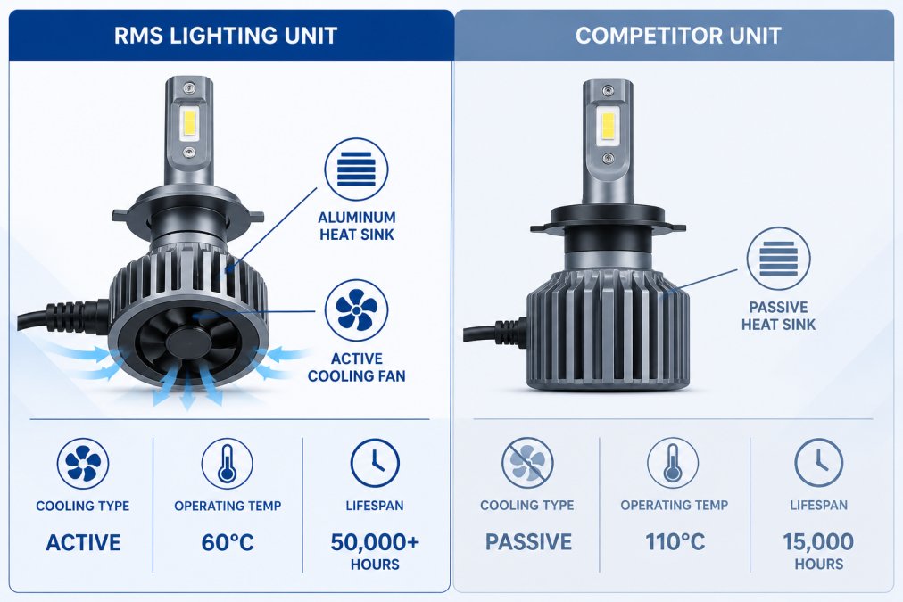 Side-by-side comparison of two LED bulb housings under bright lighting, highlighting the aluminum heat sink ribbing and active cooling fan details on the RMS Lighting unit versus a competitor's passive cooling design