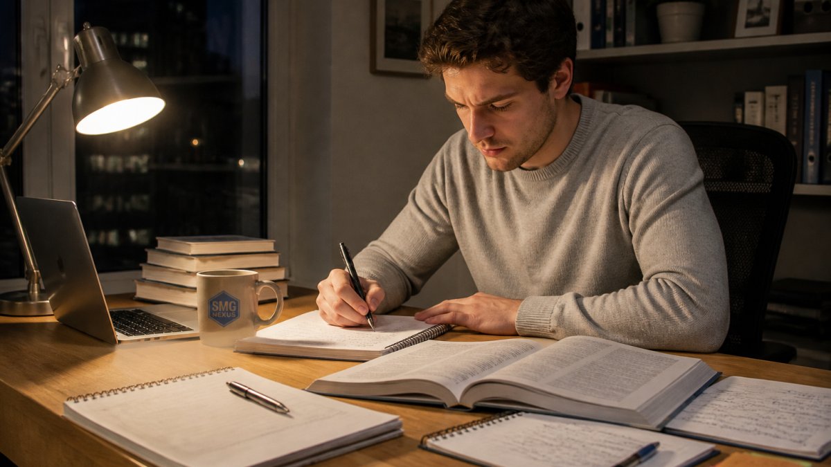 Financial services professional studying for financial planning exams with a cup of tea at a desk.