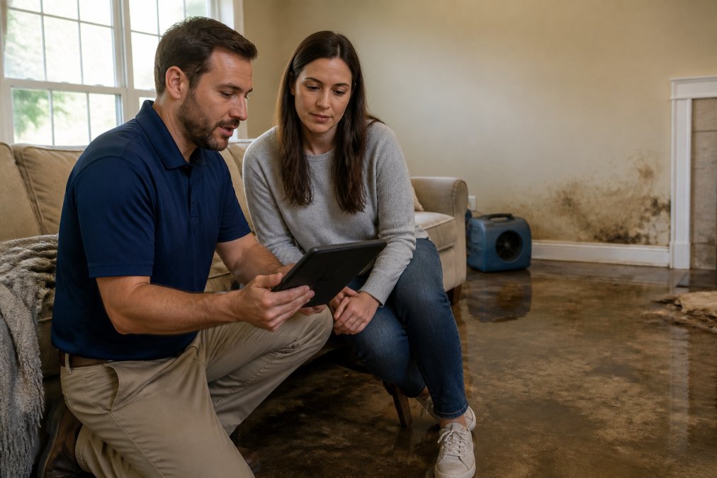 A restoration project manager in a branded polo shirt reviewing digital claim documents on a tablet with a homeowner in a living room that has visible water damage on the floor and wall
