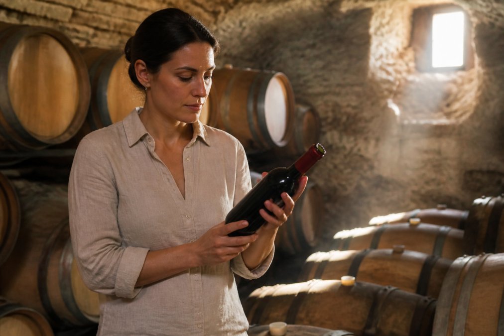 Wine buyer inspecting a bottle of red wine in a rustic stone cellar with oak barrels in the background