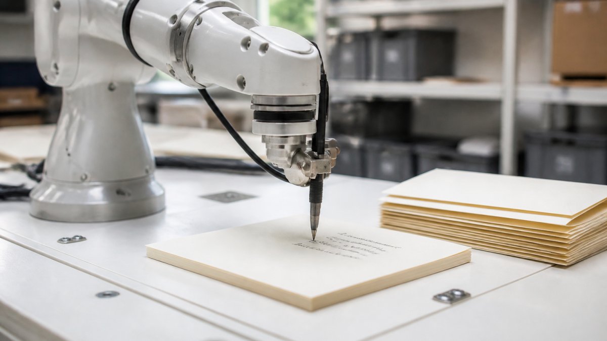 Close-up of a robotic arm holding a pen, writing a personalised letter on cream paper, with a stack of finished letters nearby in a bright production space