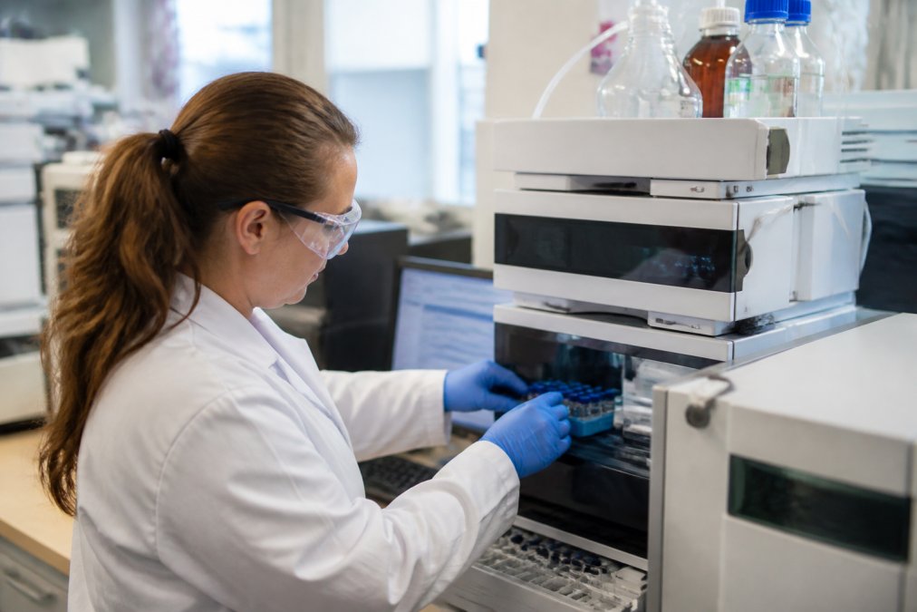 Laboratoriumtechnicus voert HPLC-analyse uit op peptidesamples in moderne onderzoeksomgeving, met chromatogrammen zichtbaar op computerscherm en testapparatuur in achtergrond