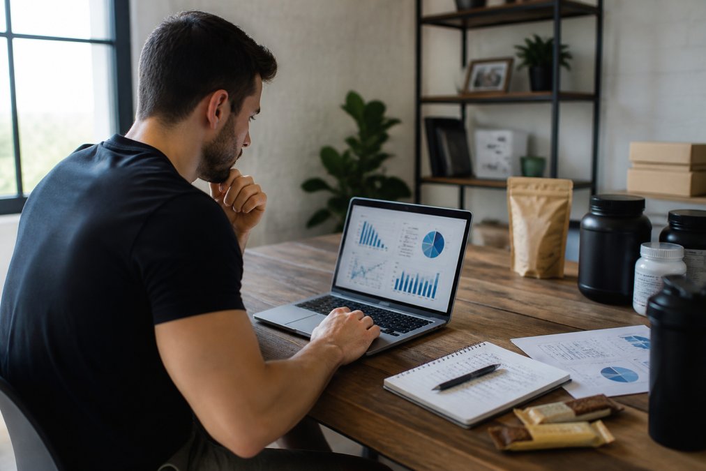 Entrepreneur at home office reviewing customer data and analytics on laptop screen, with marketing notes and product samples visible on wooden desk, natural window lighting