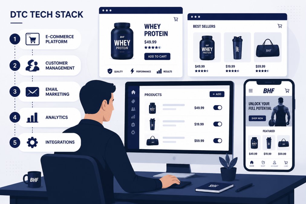 Small business owner working at computer setting up e-commerce platform interface, with multiple browser windows open showing product pages and mobile device displaying online store, modern office lighting