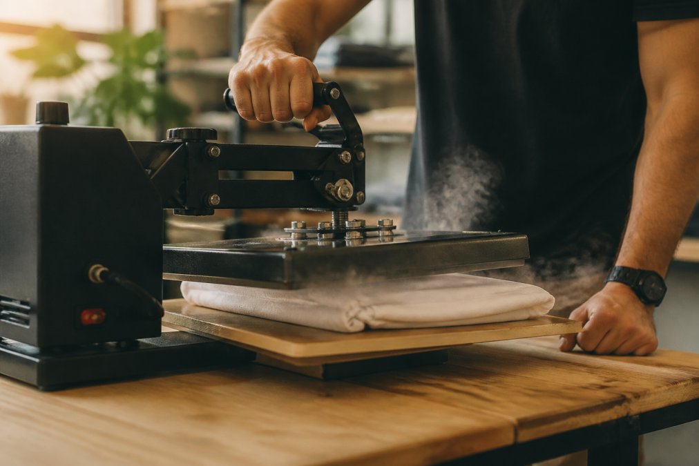 Close-up of a person's hands pressing a heat press onto a folded cotton t-shirt on a workbench, steam rising slightly, warm workshop lighting