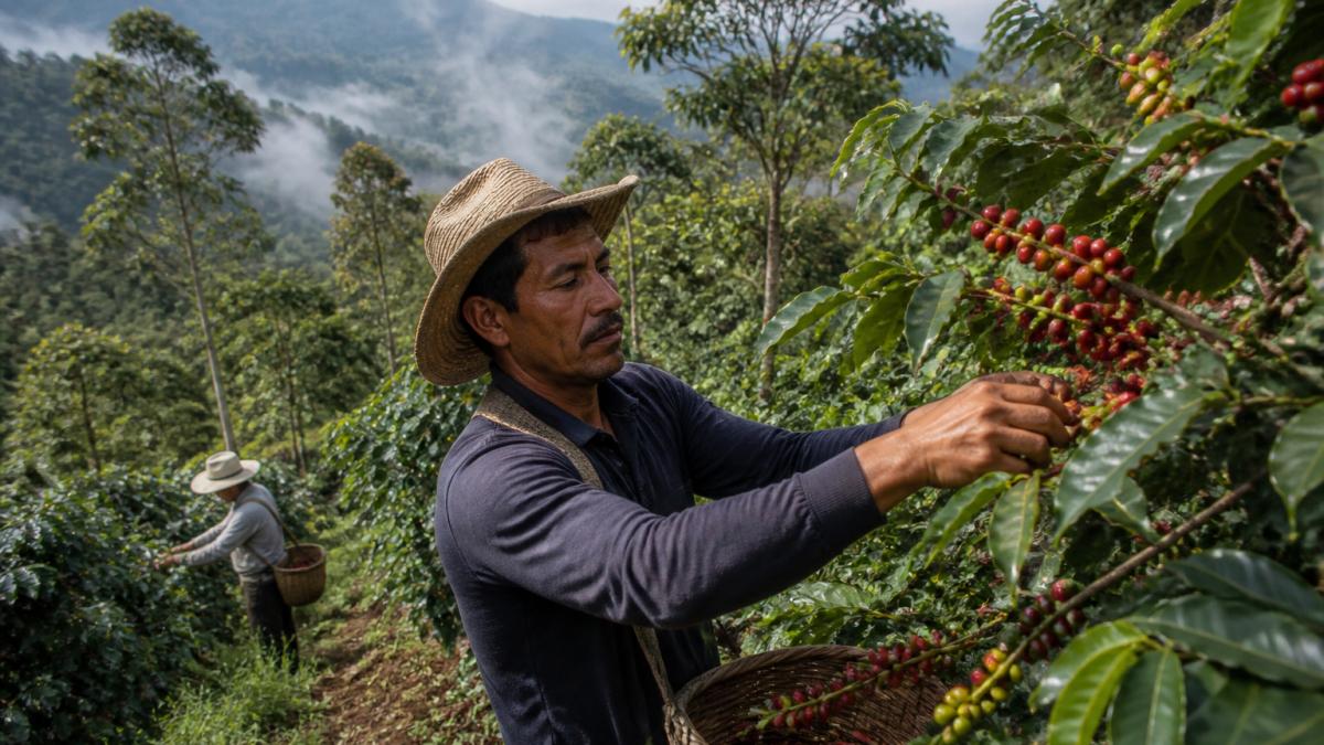 Coffee farmers harvesting ripe red cherries by hand on a mountainside farm with lush green volcanic soil visible and rows of shade trees in the morning mist