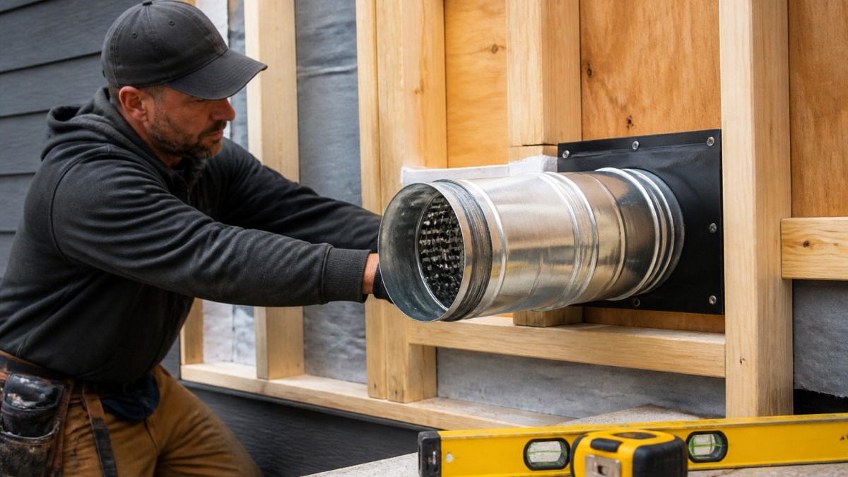 A professional installer in work clothes and gloves guiding a coaxial direct-vent pipe through a framed exterior wall opening of a home under renovation, with a level and tape measure resting nearby
