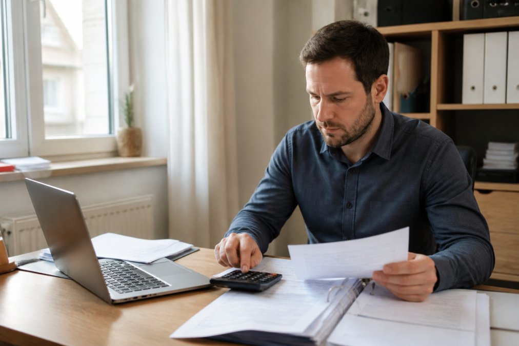 Berufstätiger sitzt am Schreibtisch mit Laptop, Dokumenten und Taschenrechner, um seine Steuererklärung zu bearbeiten, natürliche Beleuchtung vom Fenster